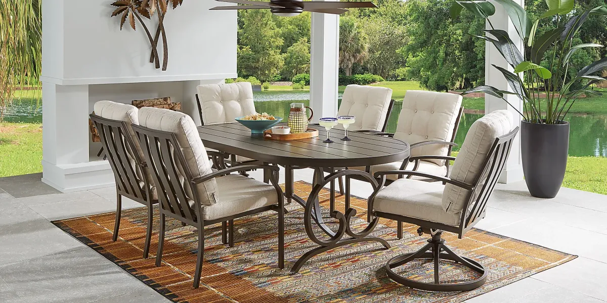 Lake Breeze Aged Bronze 5 Pc Outdoor 78 in. Oval Dining Set with Parchment Cushions