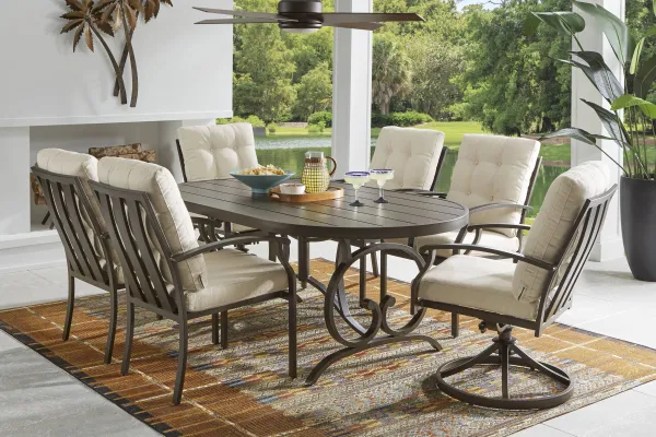 Lake Breeze Aged Bronze 5 Pc Outdoor 78 in. Oval Dining Set with Parchment Cushions