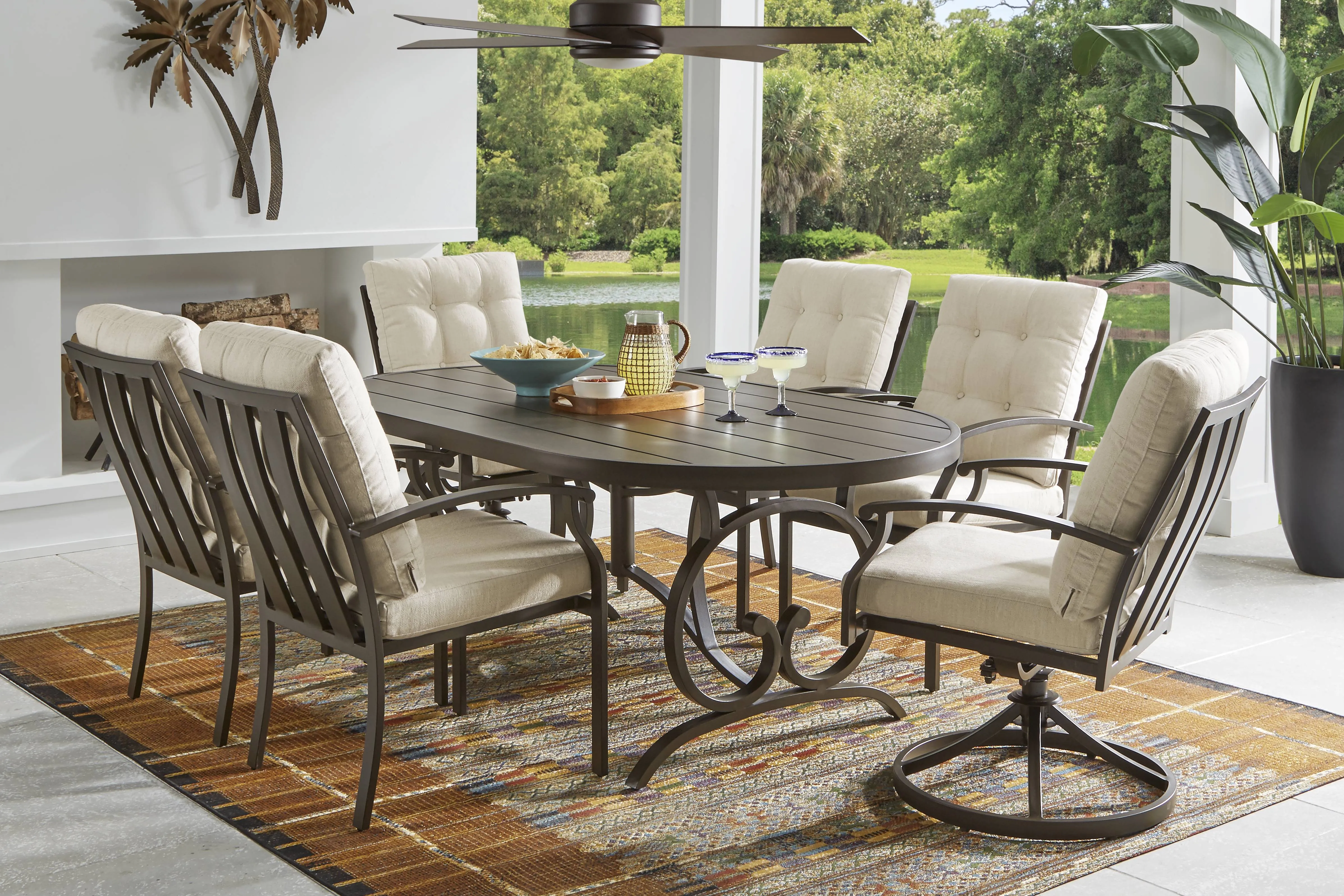 Lake Breeze Aged Bronze 5 Pc Outdoor 78 in. Oval Dining Set with Parchment Cushions