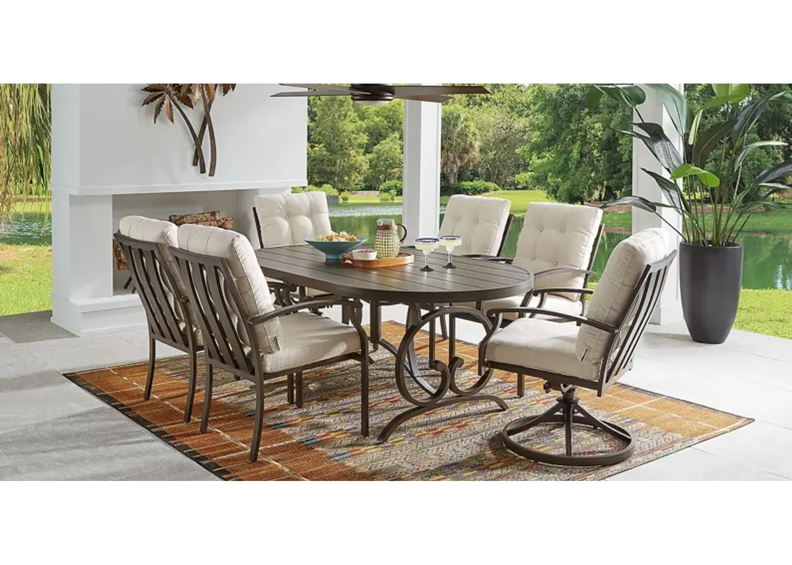 Lake Breeze Aged Bronze 5 Pc Outdoor 78 in. Oval Dining Set with Parchment Cushions