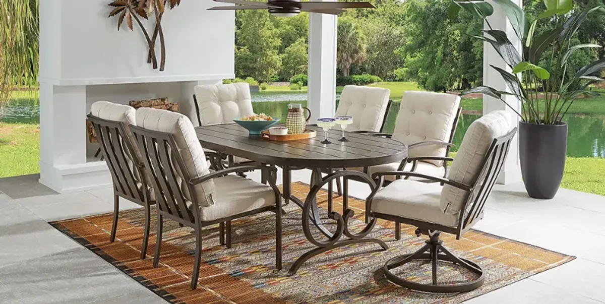 Lake Breeze Aged Bronze 5 Pc Outdoor 78 in. Oval Dining Set with Parchment Cushions