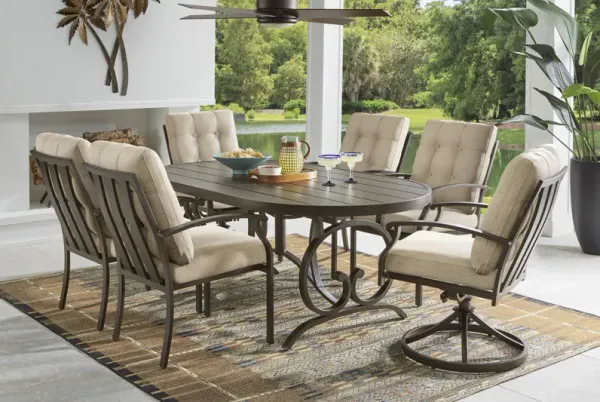 Lake Breeze Aged Bronze 5 Pc Oval Outdoor Dining Set with Hemp-Colored Cushions