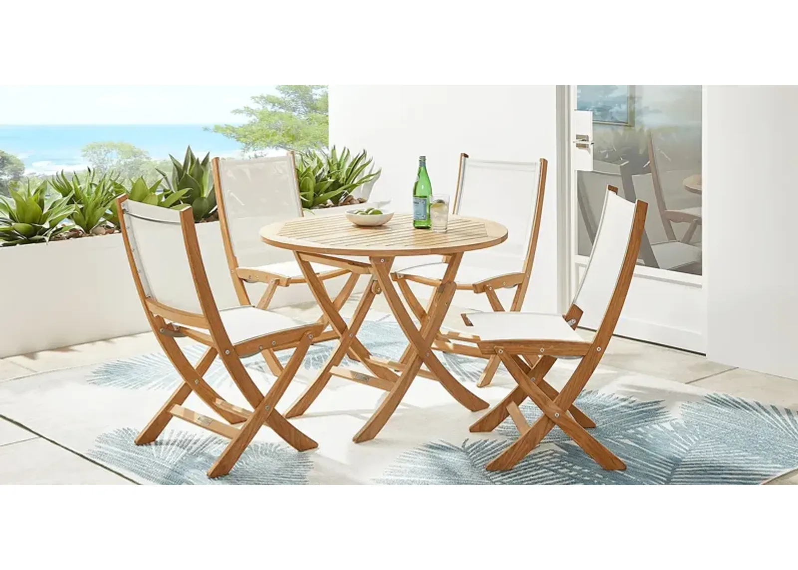 Pleasant Bay Natural 5 Pc Outdoor Folding Dining Set with Sling Chairs