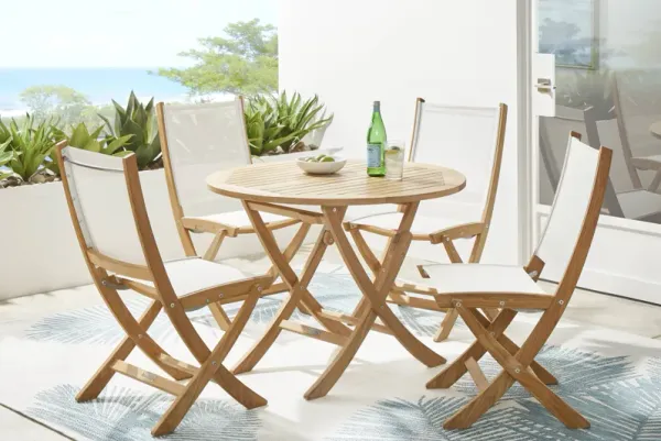 Pleasant Bay Natural 5 Pc Outdoor Folding Dining Set with Sling Chairs