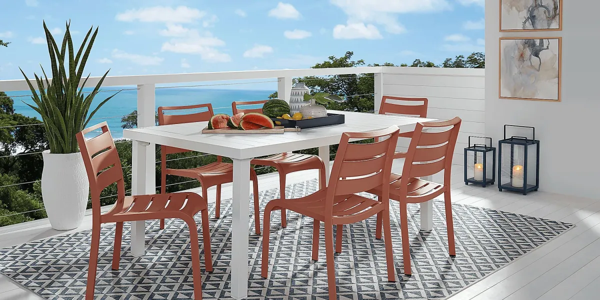 Park Walk White 7 Pc Rectangle Outdoor Dining Set with Coral Chairs