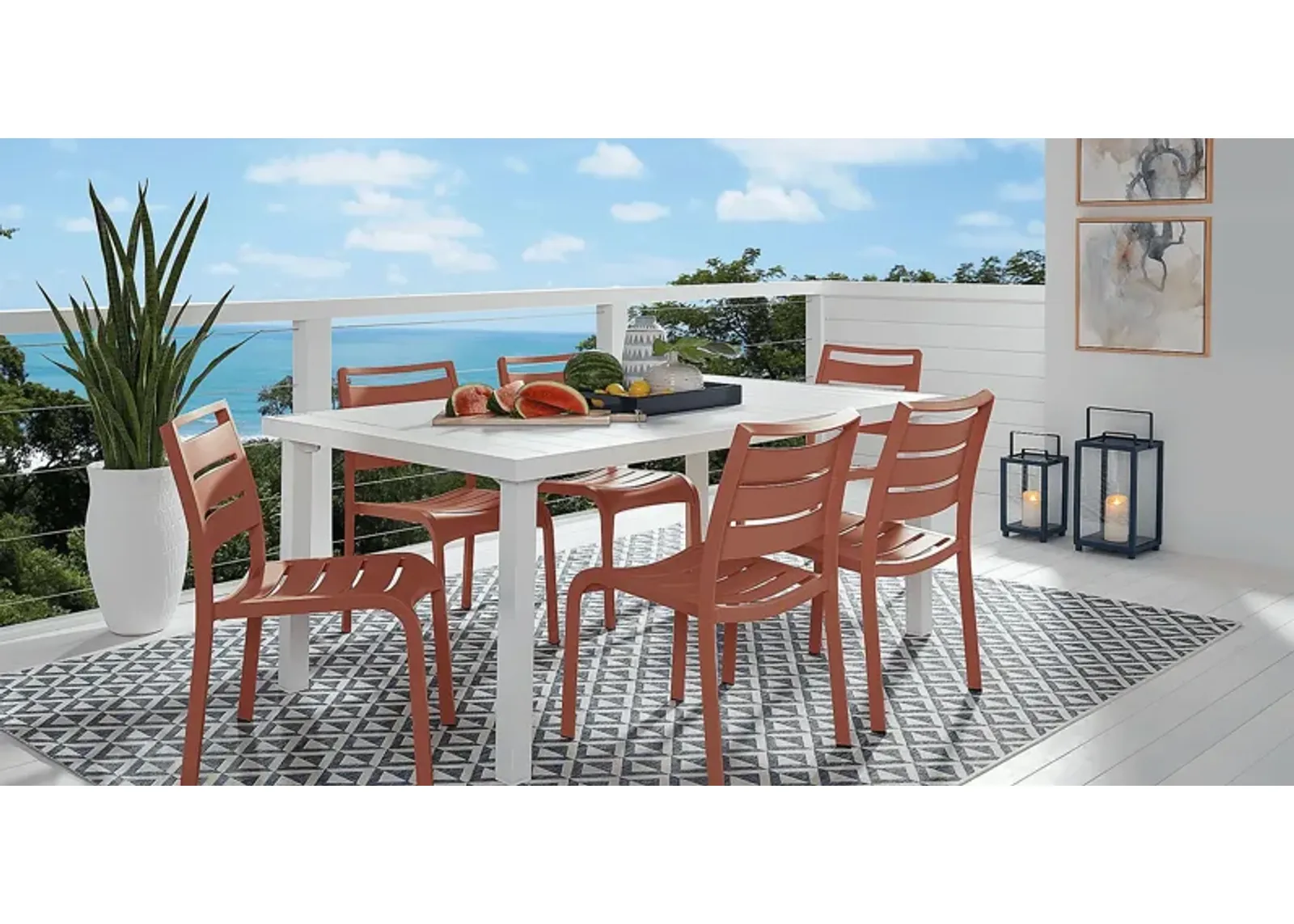 Park Walk White 7 Pc Rectangle Outdoor Dining Set with Coral Chairs