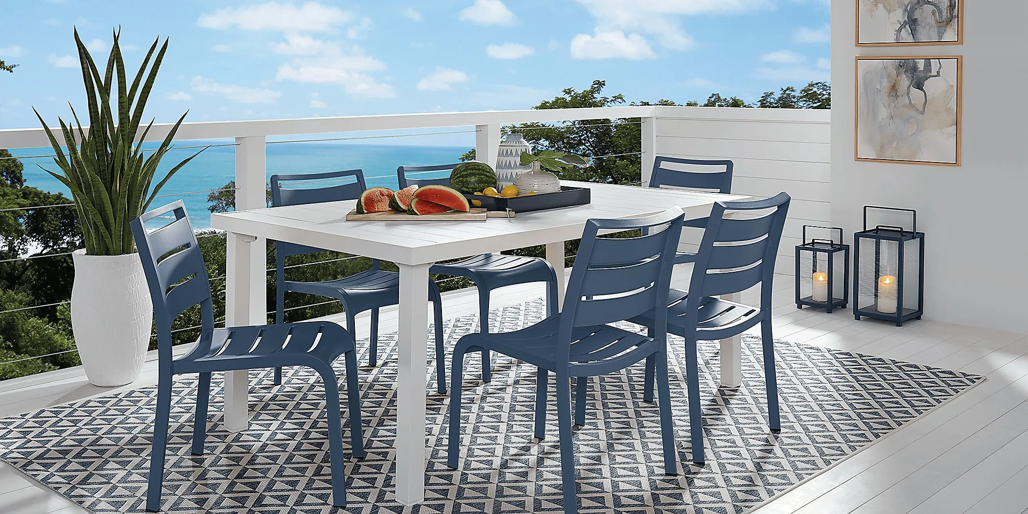 Park Walk White 7 Pc Rectangle Outdoor Dining Set with Navy Chairs