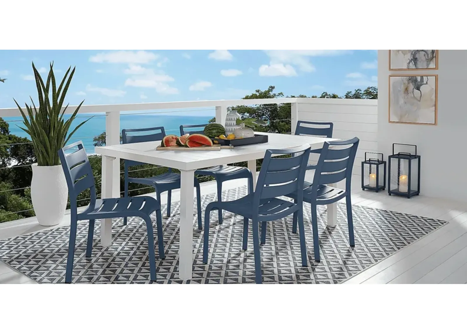 Park Walk White 7 Pc Rectangle Outdoor Dining Set with Navy Chairs