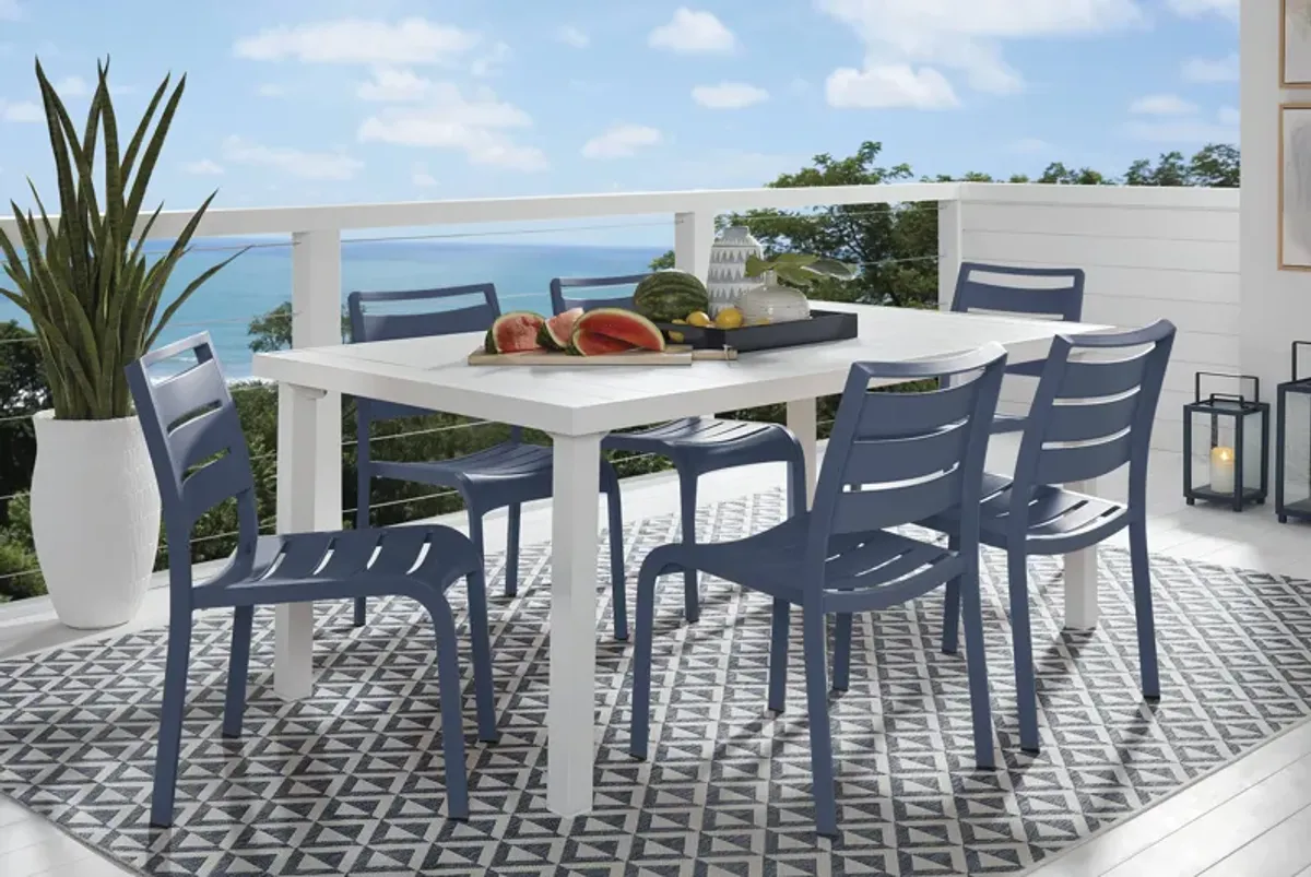 Park Walk White 7 Pc Rectangle Outdoor Dining Set with Navy Chairs