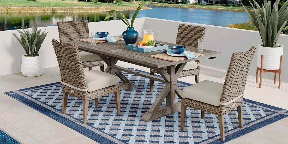 Siesta Key Gray 5 Pc Rectangle Outdoor Dining Set with Linen Cushions