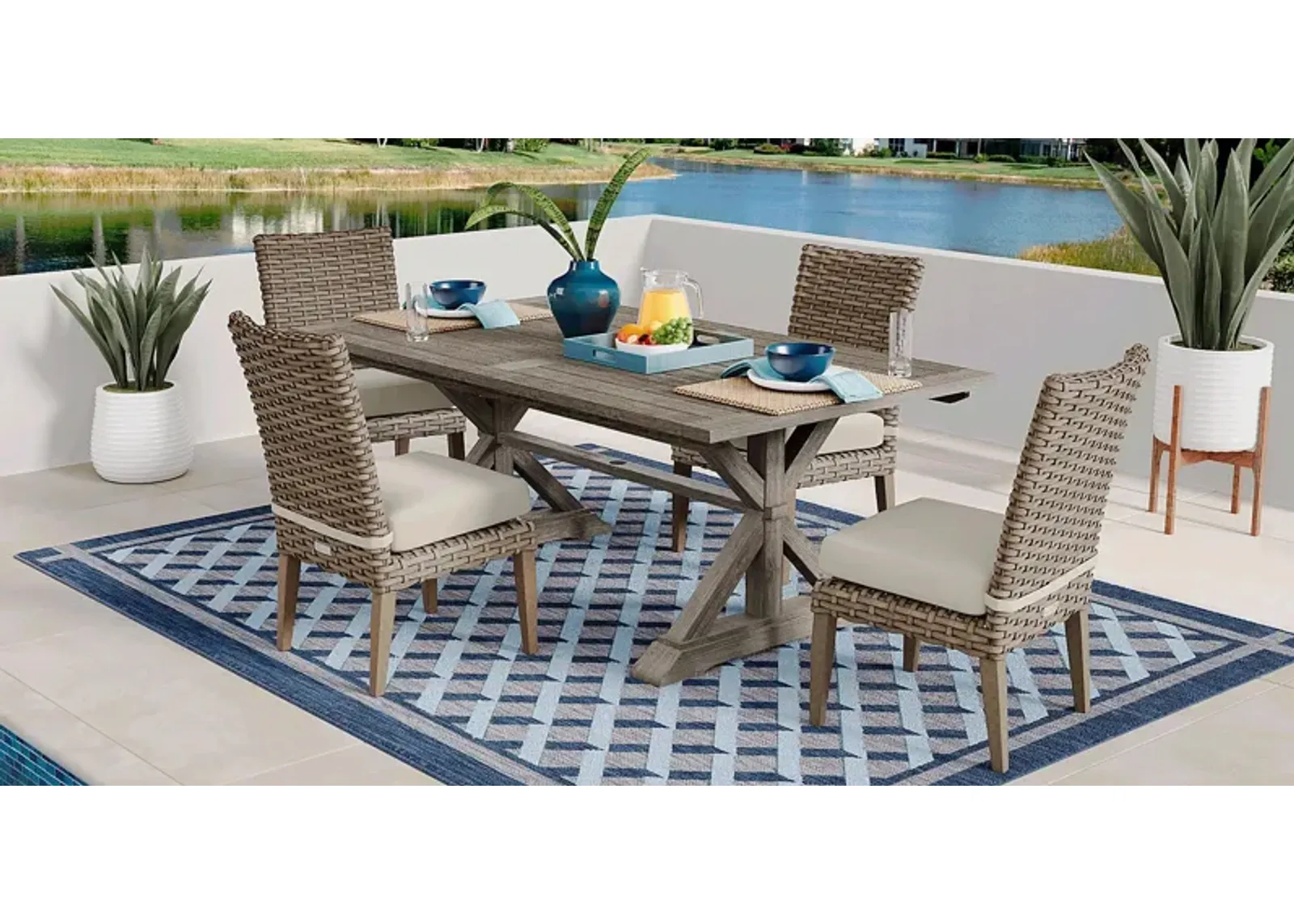 Siesta Key Gray 5 Pc Rectangle Outdoor Dining Set with Linen Cushions