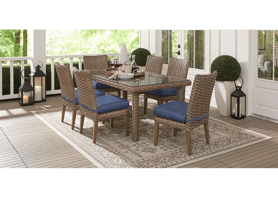 Siesta Key Driftwood 7 Pc 72 in. Rectangle Outdoor Dining Set with Indigo Cushions