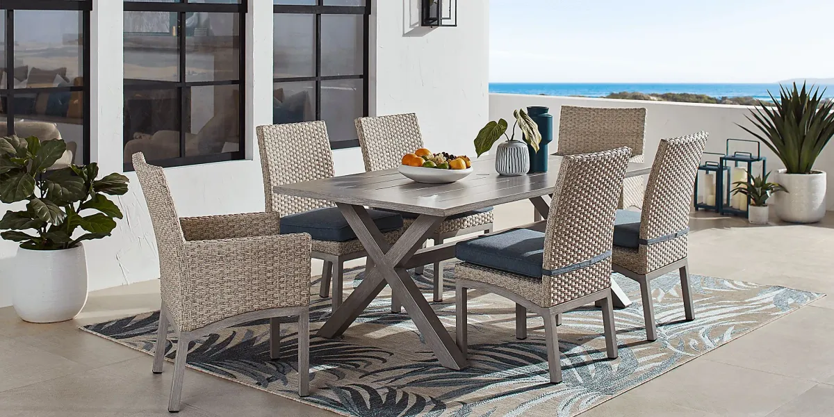 Sun Valley Light Gray 7 Pc Rectangle Outdoor Dining Set with Blue Cushions