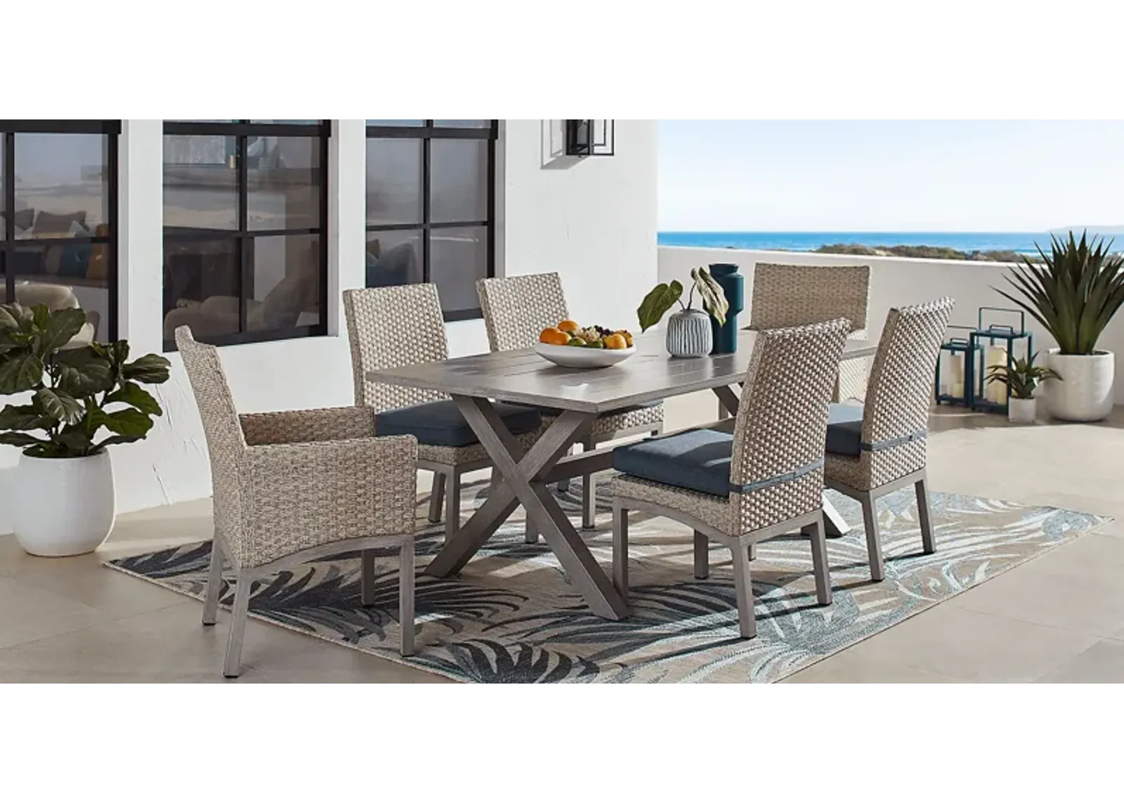 Sun Valley Light Gray 7 Pc Rectangle Outdoor Dining Set with Blue Cushions