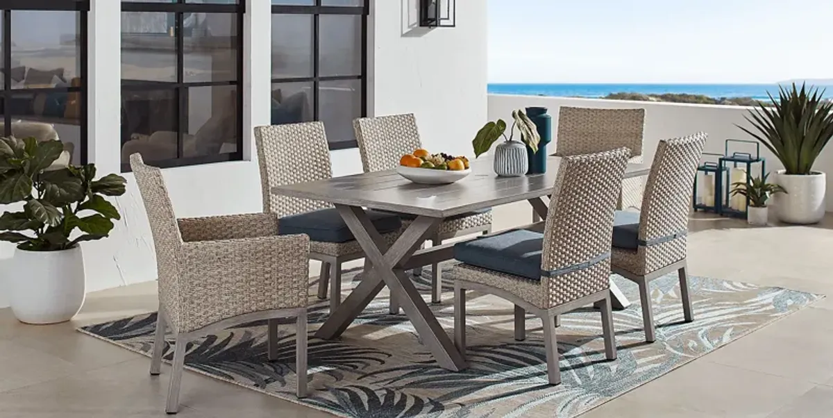 Sun Valley Light Gray 7 Pc Rectangle Outdoor Dining Set with Blue Cushions