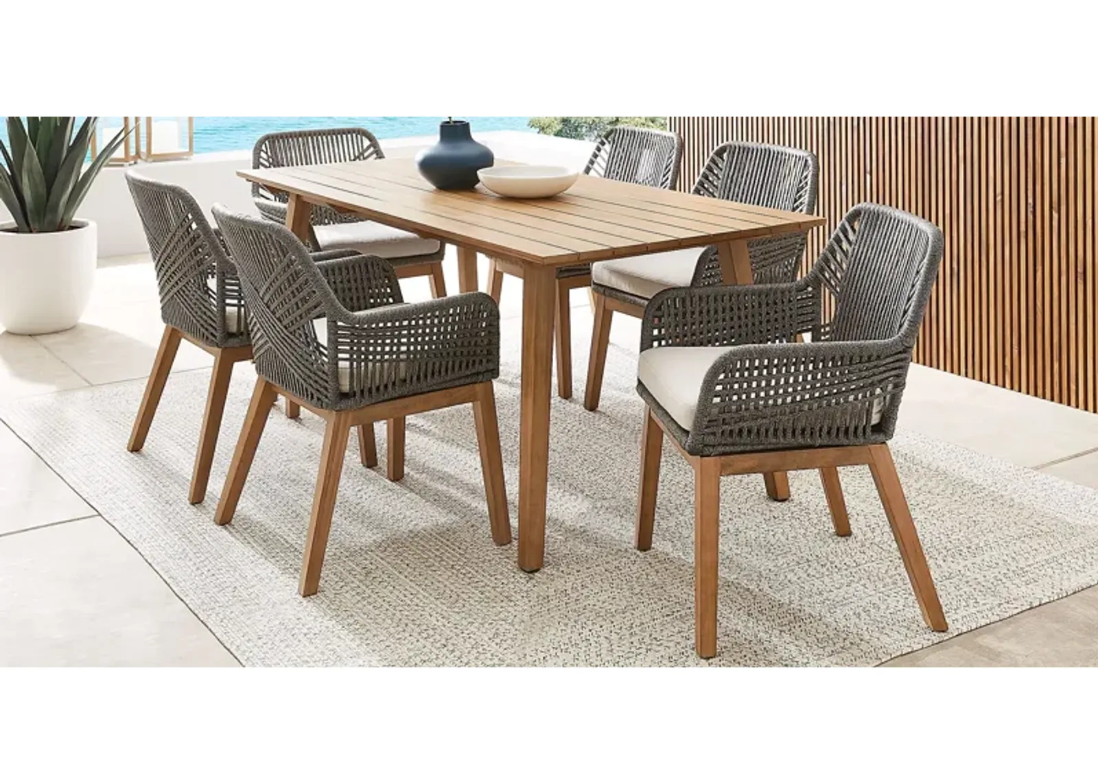 Tessere Natural 7 Pc Outdoor Dining Set with Gray Arm Chairs