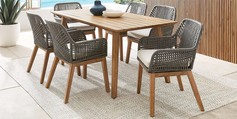 Tessere 7 Pc Natural Outdoor Dining Set with Gray Arm Chairs