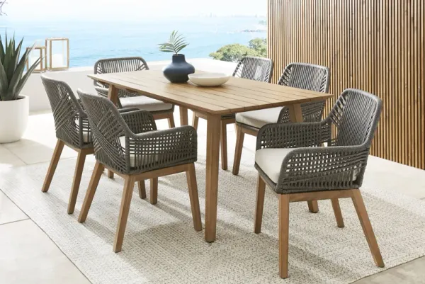 Tessere Natural 7 Pc Outdoor Dining Set with Gray Arm Chairs