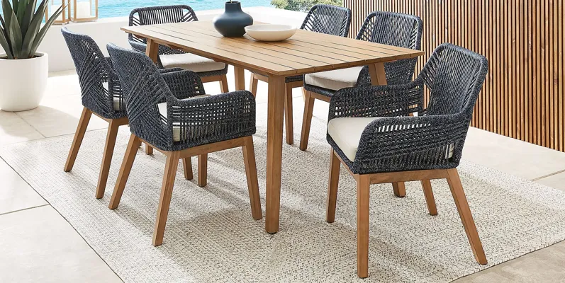 Tessere 7 Pc Natural Outdoor Dining Set with Blue Arm Chairs