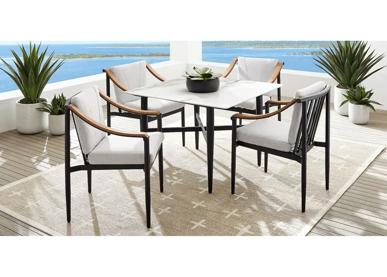 Harlowe Black 5 Pc Outdoor Square Dining Set with Dove Cushions