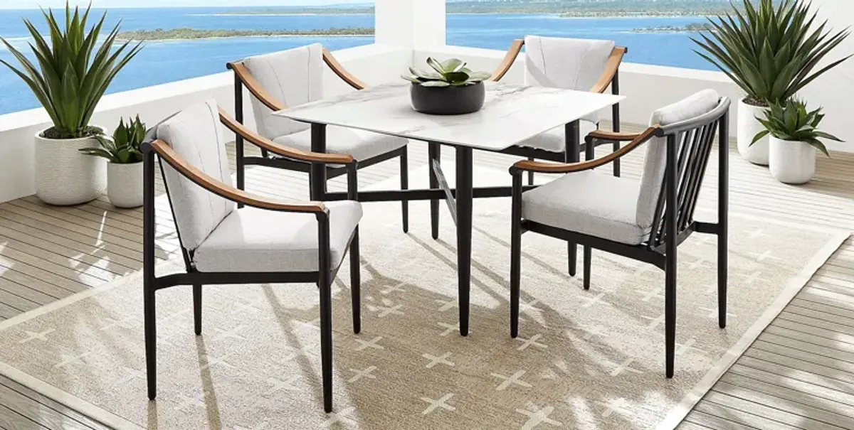 Harlowe Black 5 Pc Outdoor Square Dining Set with Dove Cushions