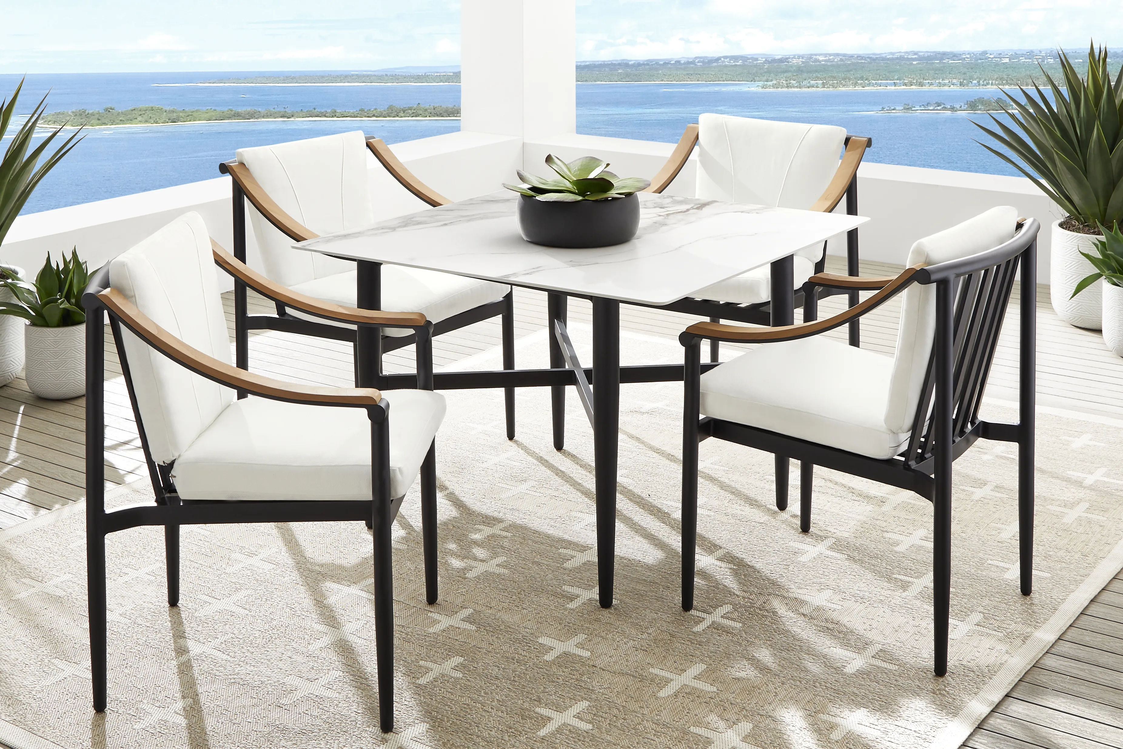 Harlowe Black 5 Pc Outdoor Square Dining Set with White Cushions