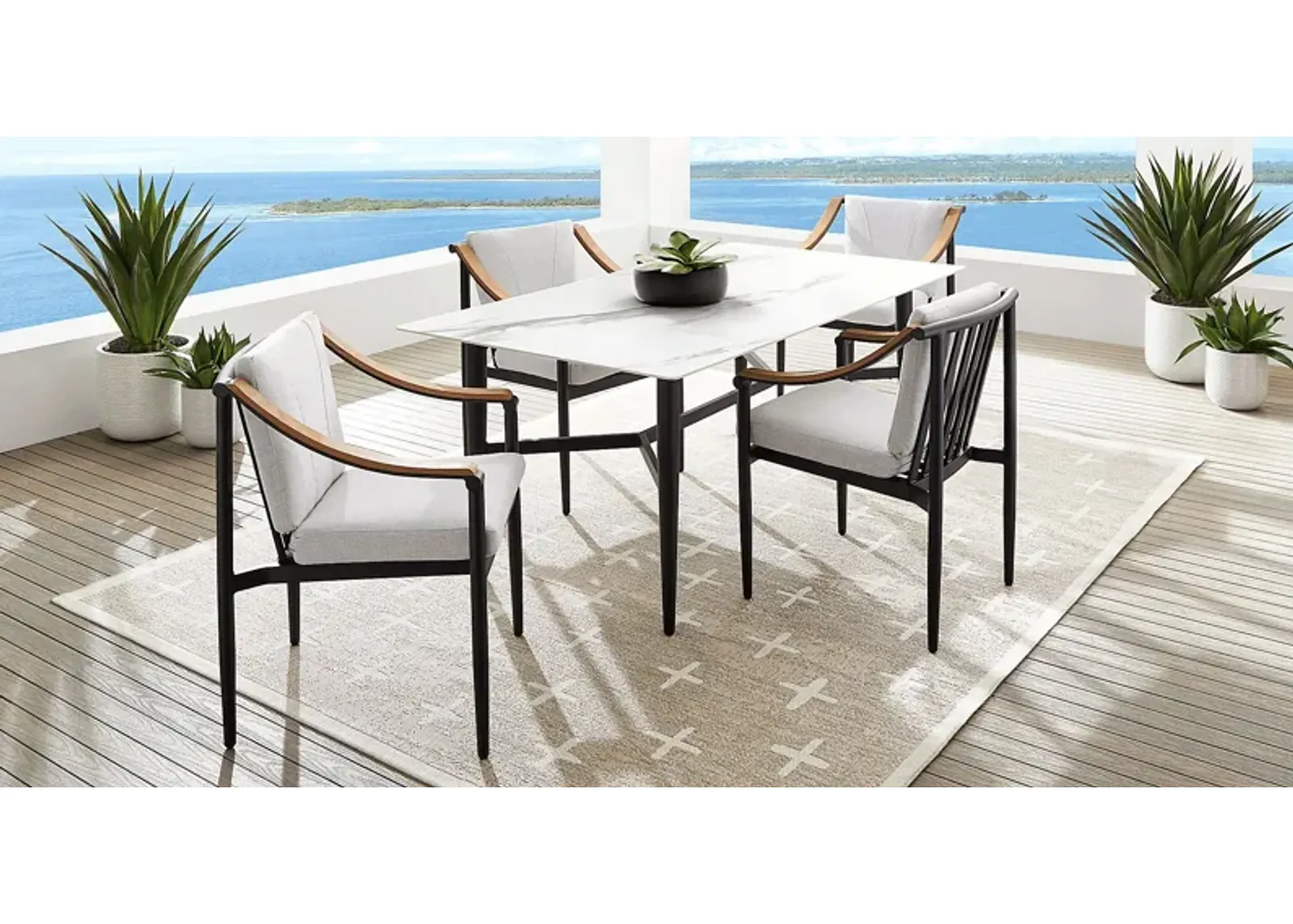 Harlowe Black 5 Pc Outdoor Rectangle Dining Set with Dove Cushions