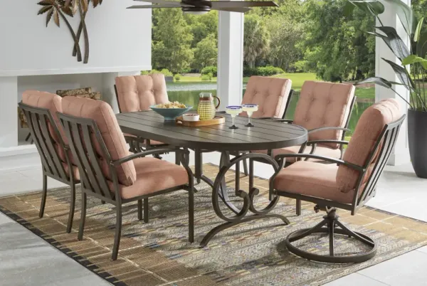Lake Breeze Aged Bronze 7 Pc Oval Outdoor Dining Set with Terracotta Cushions