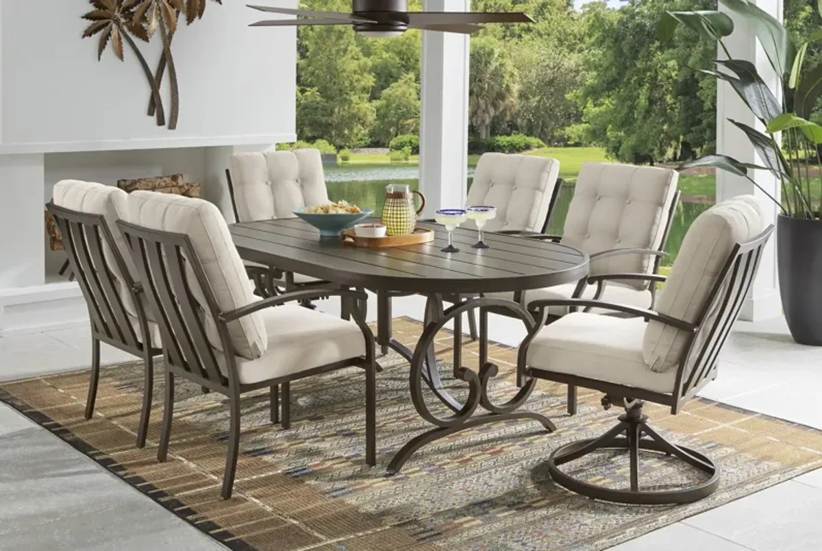 Lake Breeze Aged Bronze 7 Pc Round Outdoor Dining Set with Desert Cushions