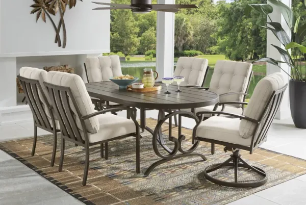 Lake Breeze Aged Bronze 7 Pc Round Outdoor Dining Set with Desert Cushions