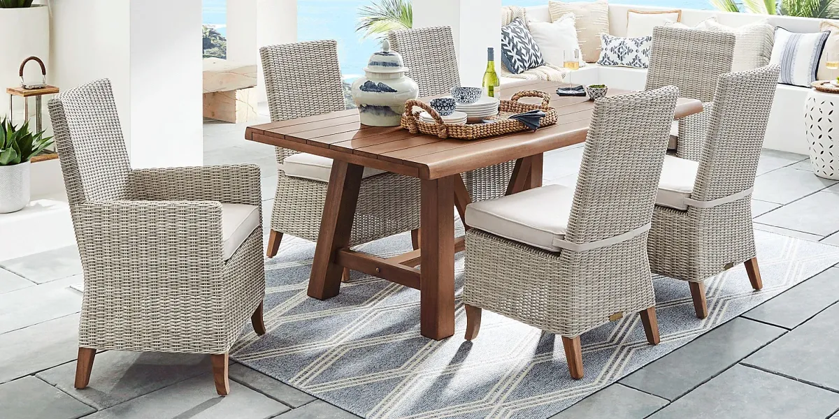 Patmos Tan 5 Pc 78 in. Rectangle Outdoor Dining Set With Linen Cushions