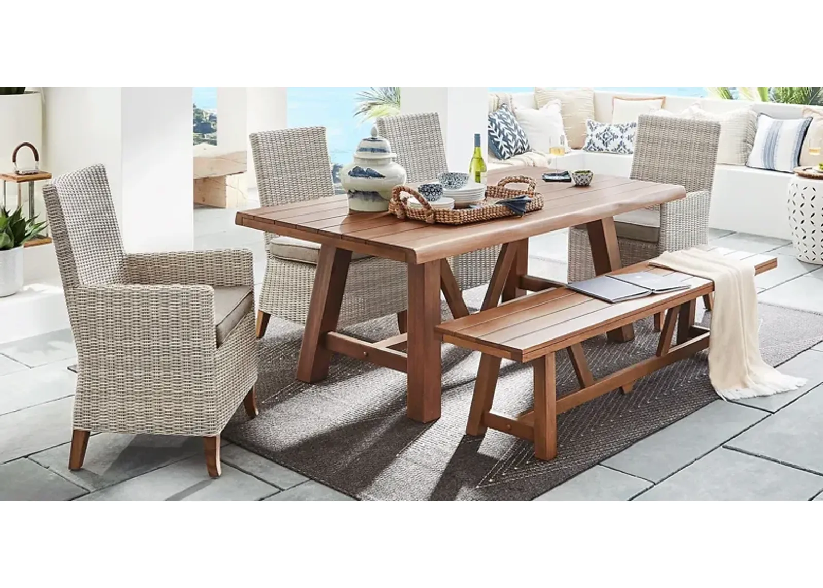 Patmos Tan 5 Pc 78 in. Rectangle Outdoor Dining Set With Mushroom Cushions