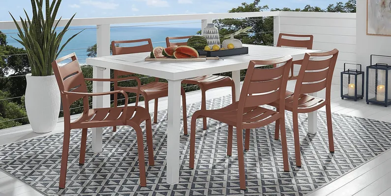 Park Walk White 7 Pc Rectangle Outdoor Dining Set with Coral Chairs