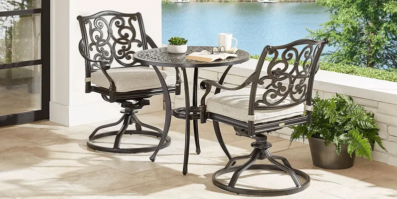 Lake Como Antique Bronze 3 Pc Round Outdoor Dining Set with Silk-Color Cushions