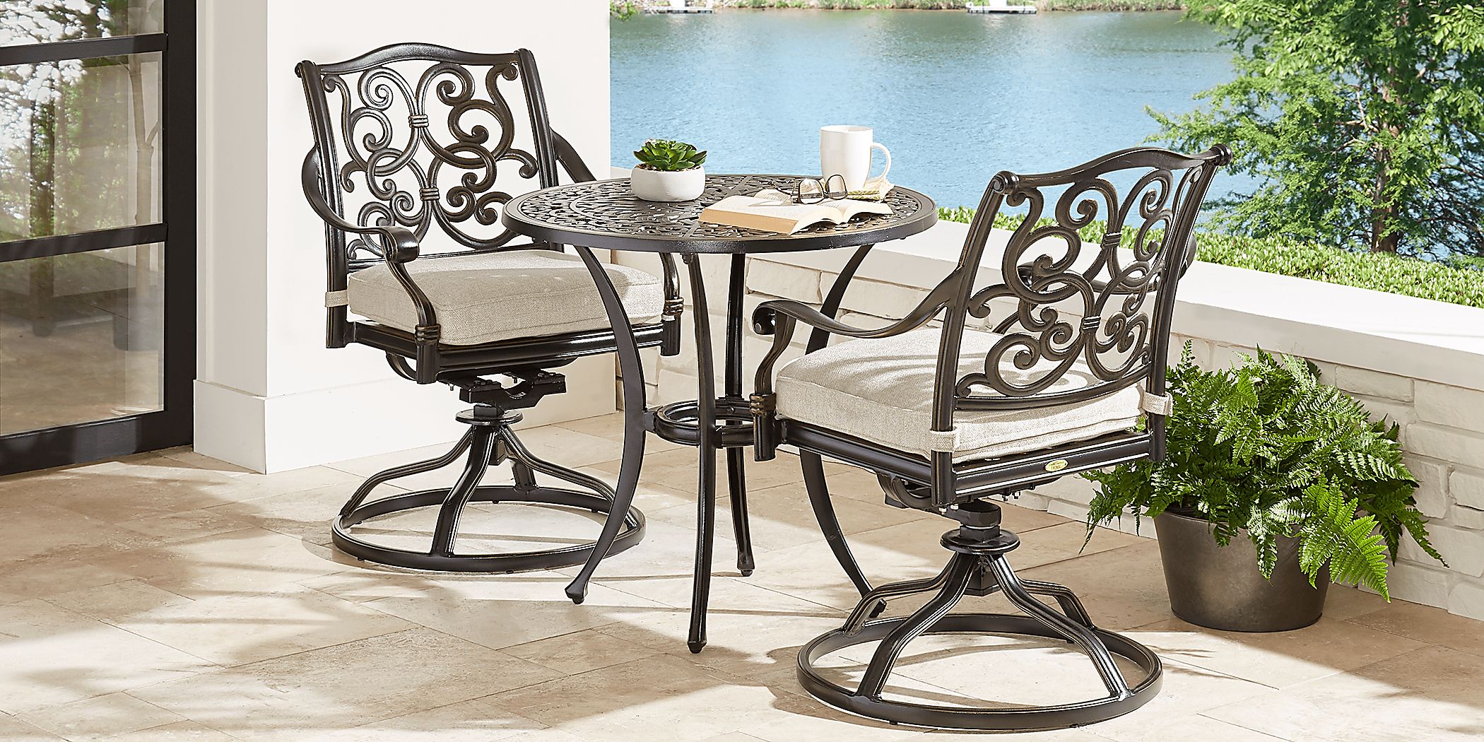 Lake Como 3 Pc Antique Bronze Round Outdoor Dining Set with Silk-Color Cushions