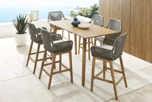 Tessere Natural 7 Pc Bar Height Outdoor Dining Set with Gray Barstools