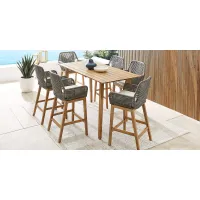 Tessere 7 Pc Natural Bar Height Outdoor Dining Set with Gray Barstools
