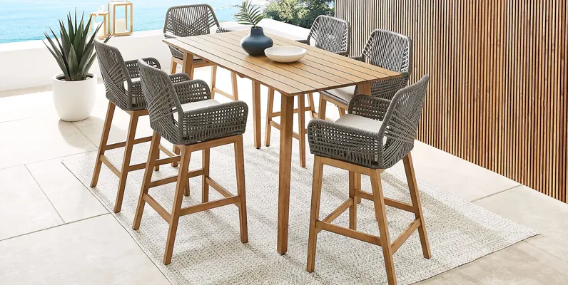 Tessere Natural 7 Pc Bar Height Outdoor Dining Set with Gray Barstools
