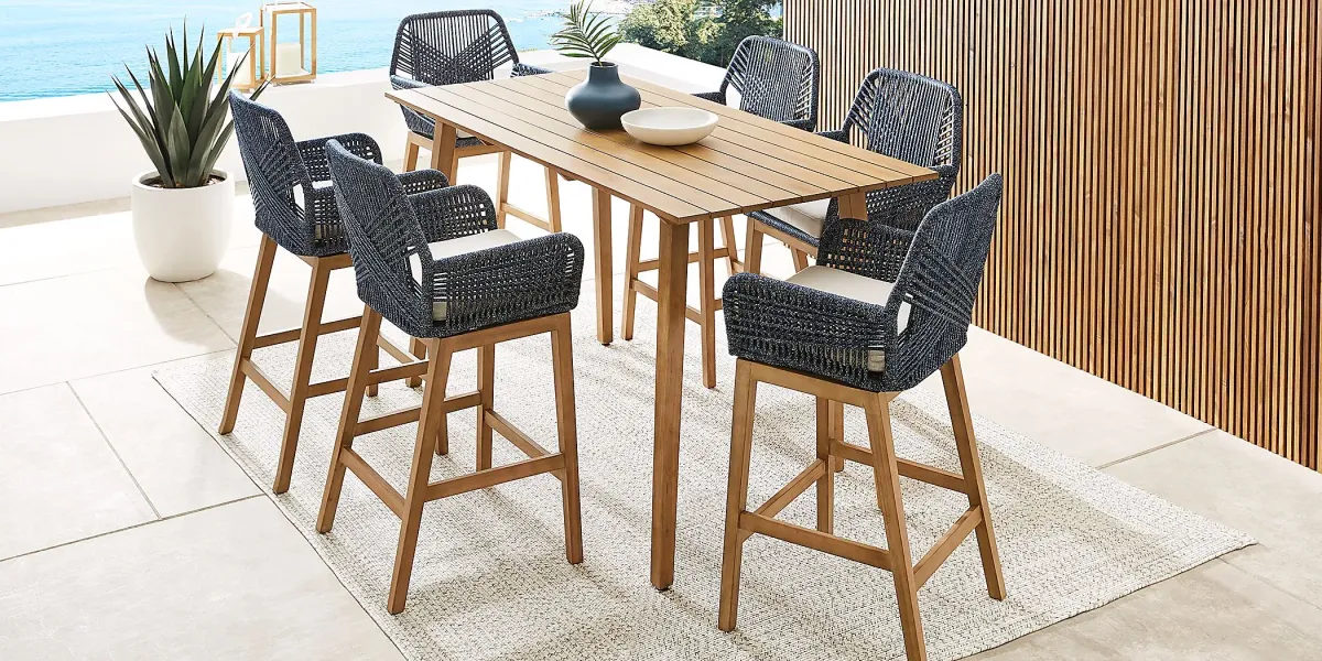 Tessere Natural 7 Pc Bar Height Outdoor Dining Set with Blue Barstools