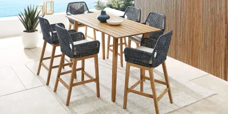 Tessere Natural 7 Pc Bar Height Outdoor Dining Set with Blue Barstools