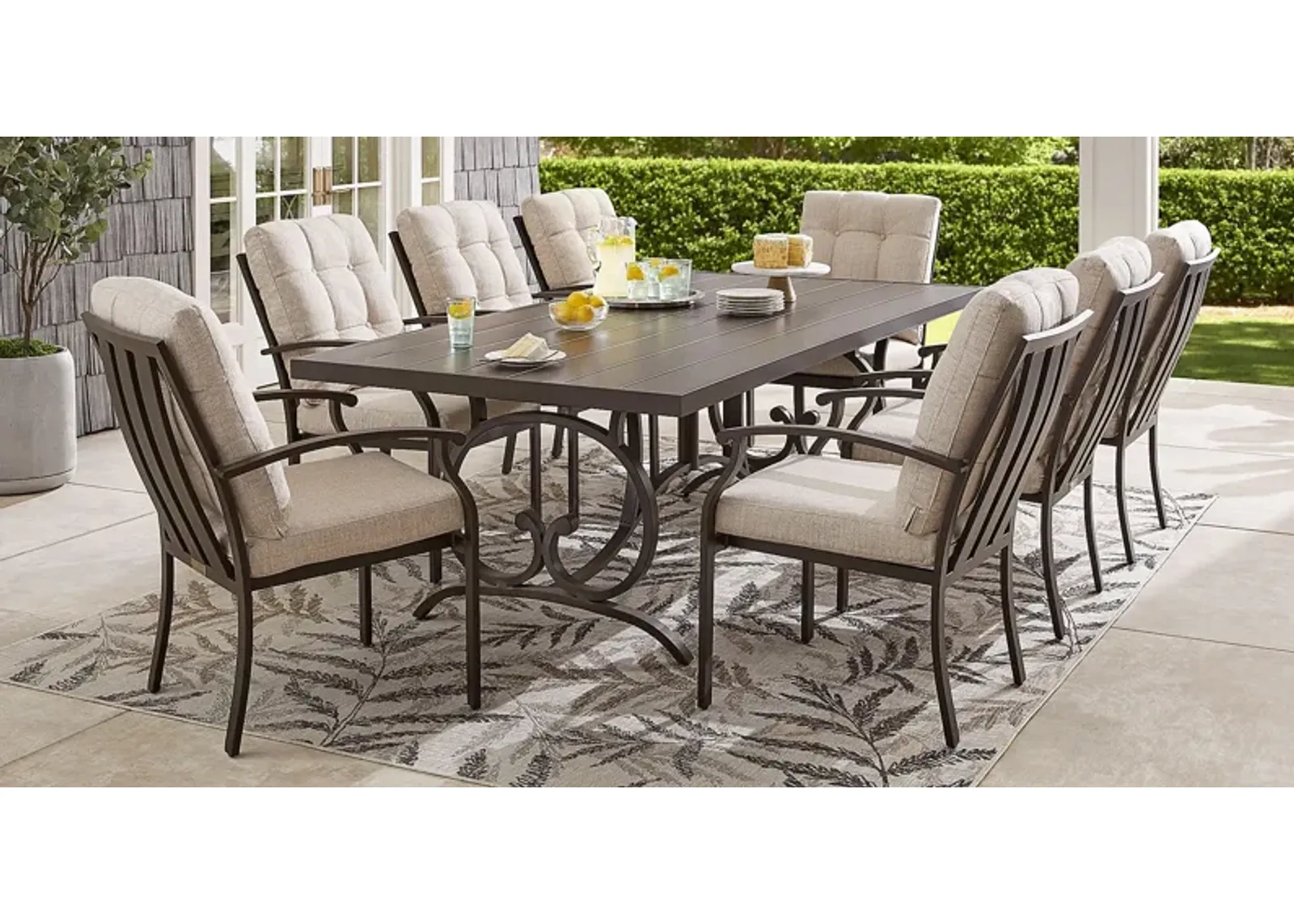 Lake Breeze Aged Bronze 7 Pc Outdoor 90 in. Rectangle Dining Set with Wren Cushions