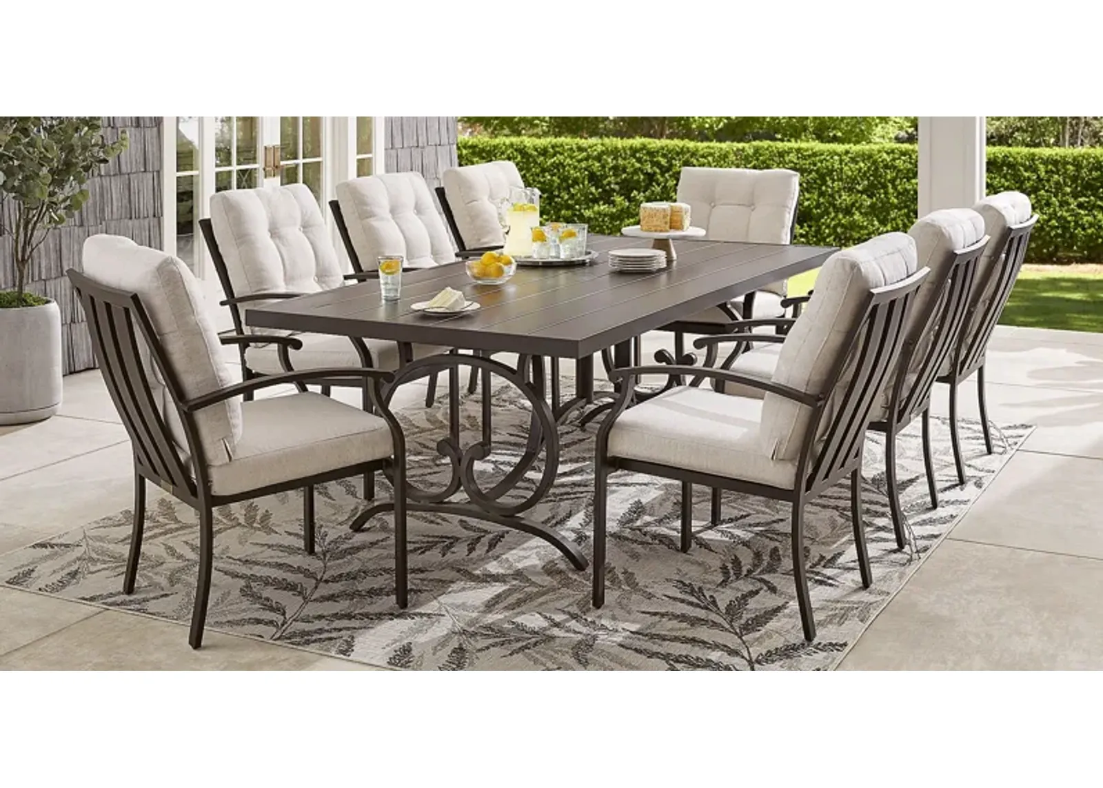 Lake Breeze Aged Bronze 7 Pc Outdoor 90 in. Rectangle Dining Set with Parchment Cushions