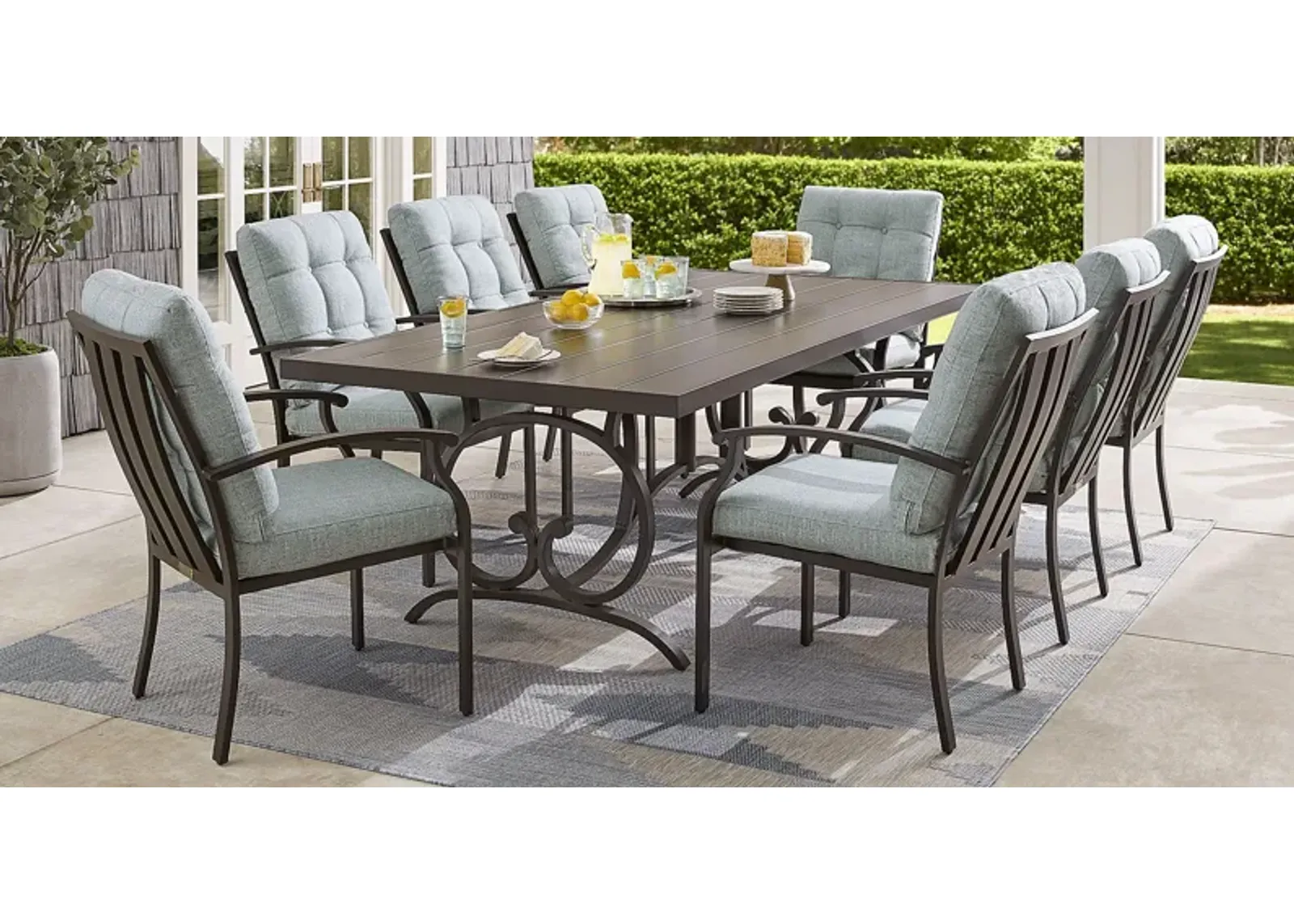 Lake Breeze Aged Bronze 7 Pc Outdoor 90 in. Rectangle Dining Set with Mist Cushions