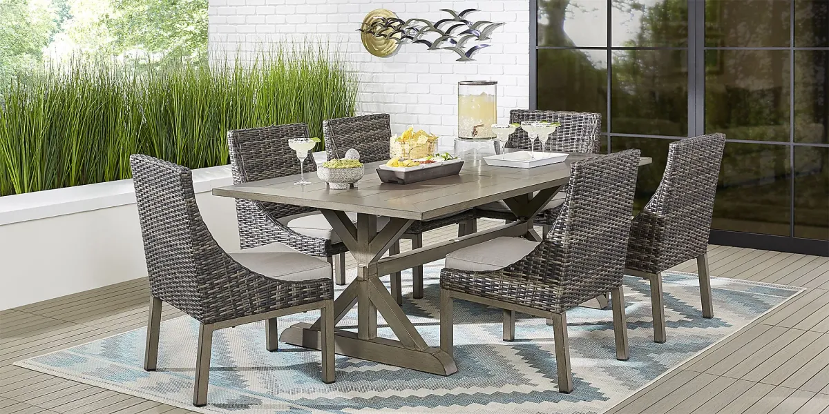 Montecello Gray 7 Pc 84 in. Rectangle Outdoor Dining Set with Silver Cushions