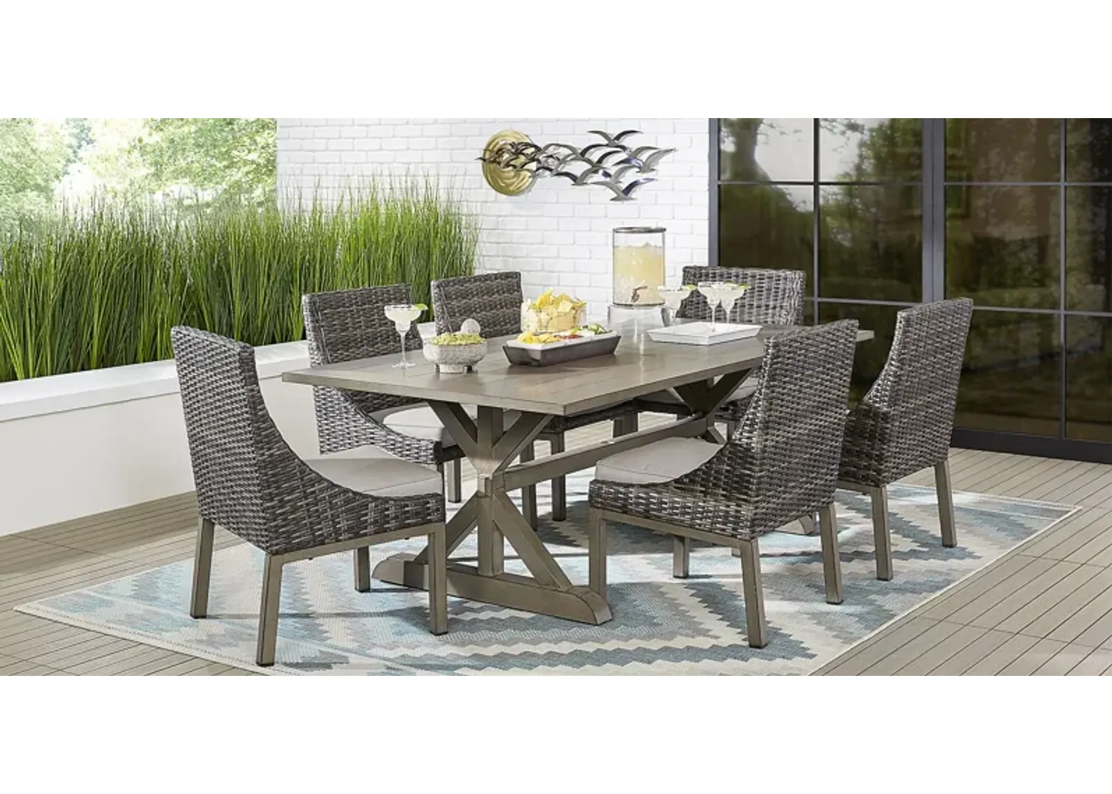 Montecello Gray 7 Pc 84 in. Rectangle Outdoor Dining Set with Silver Cushions