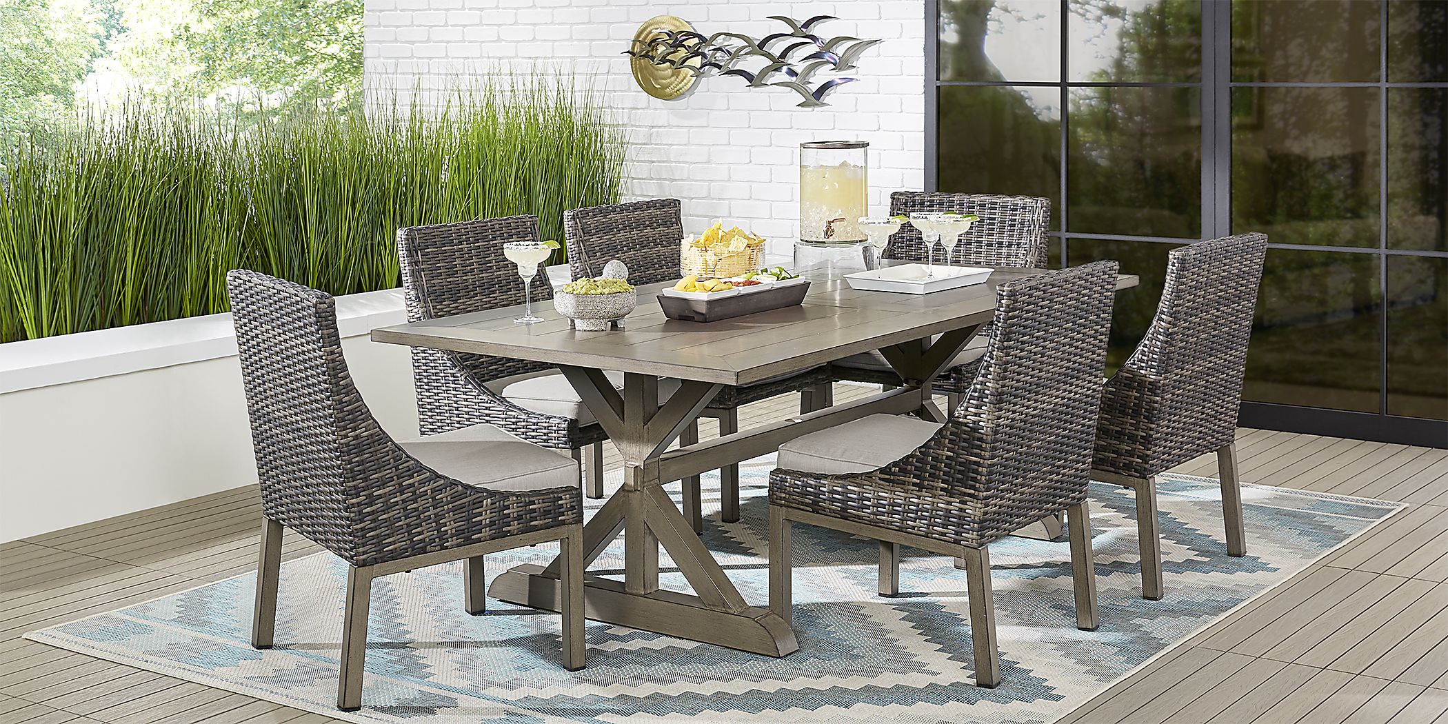 Montecello Gray 7 Pc 84 in. Rectangle Outdoor Dining Set with Silver Cushions