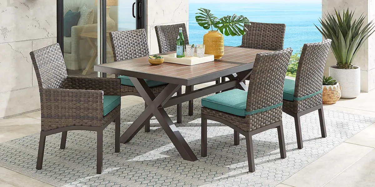 Rialto Brown 7 Pc 71 in. Rectangle Outdoor Dining Set with Aqua Cushions