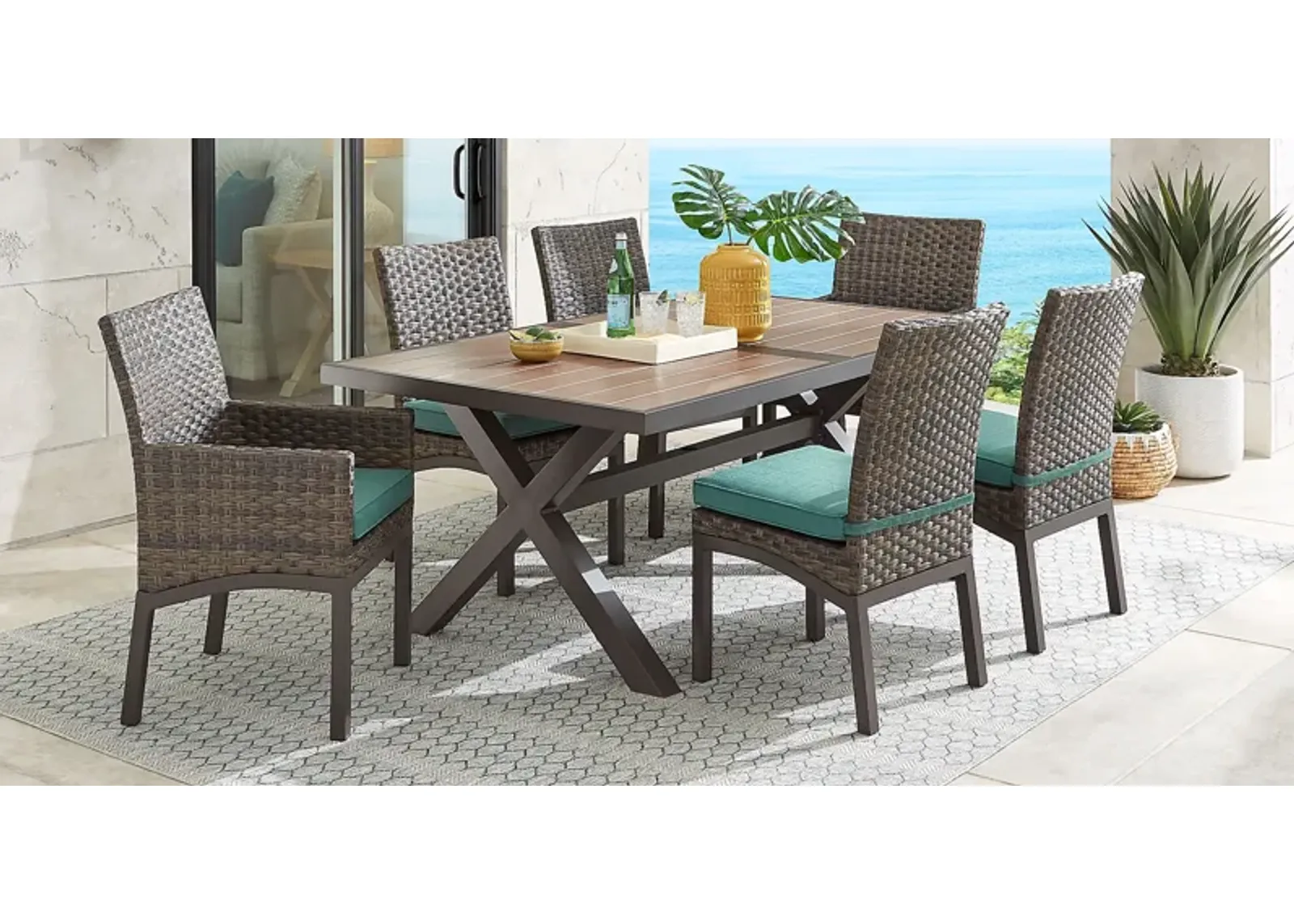 Rialto Brown 7 Pc 71 in. Rectangle Outdoor Dining Set with Aqua Cushions