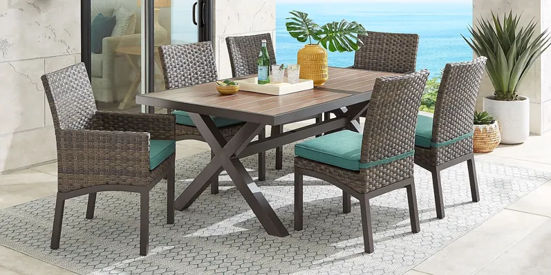 Rialto Brown 7 Pc 71 in. Rectangle Outdoor Dining Set with Aqua Cushions