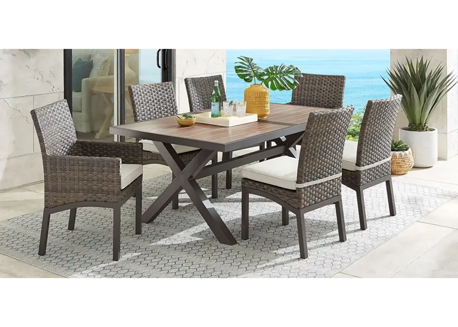 Rialto Brown 7 Pc 71 in. Rectangle Outdoor Dining Set with Putty Cushions